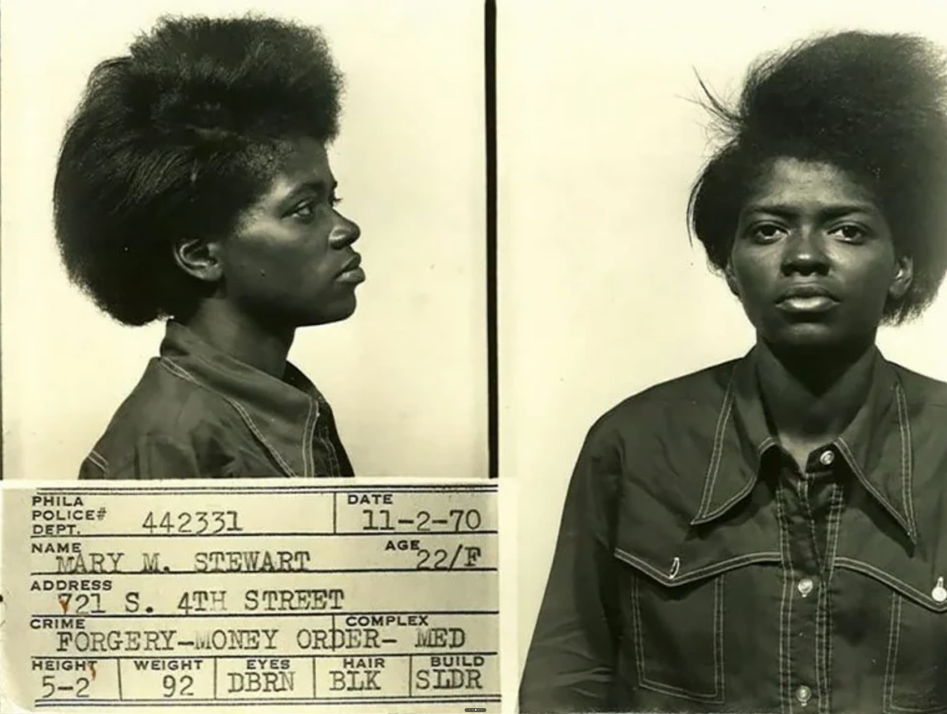 black girl 60s mugshots - Phila Police# Dept. Name 442331 Mary M. Stewart Address 721 S. 4TH Street Crime Date 11270 Age 22F Complex ForgeryMoney Order Med Height Weight 52 Eyes Hair Build 92 Dbrn Blk Sldr